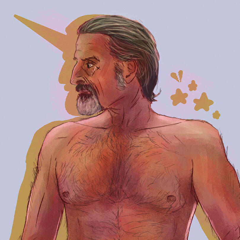 A digital painting of Izzy Hands from the TV show "Our Flag Means Death" on a pale blue background. He is shirtless and looking to the left side, and has a shadow with the horn of a unicorn.